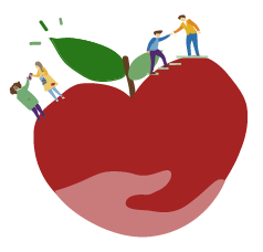 Illustration of a world shaped like a heart with people helping each other on it.